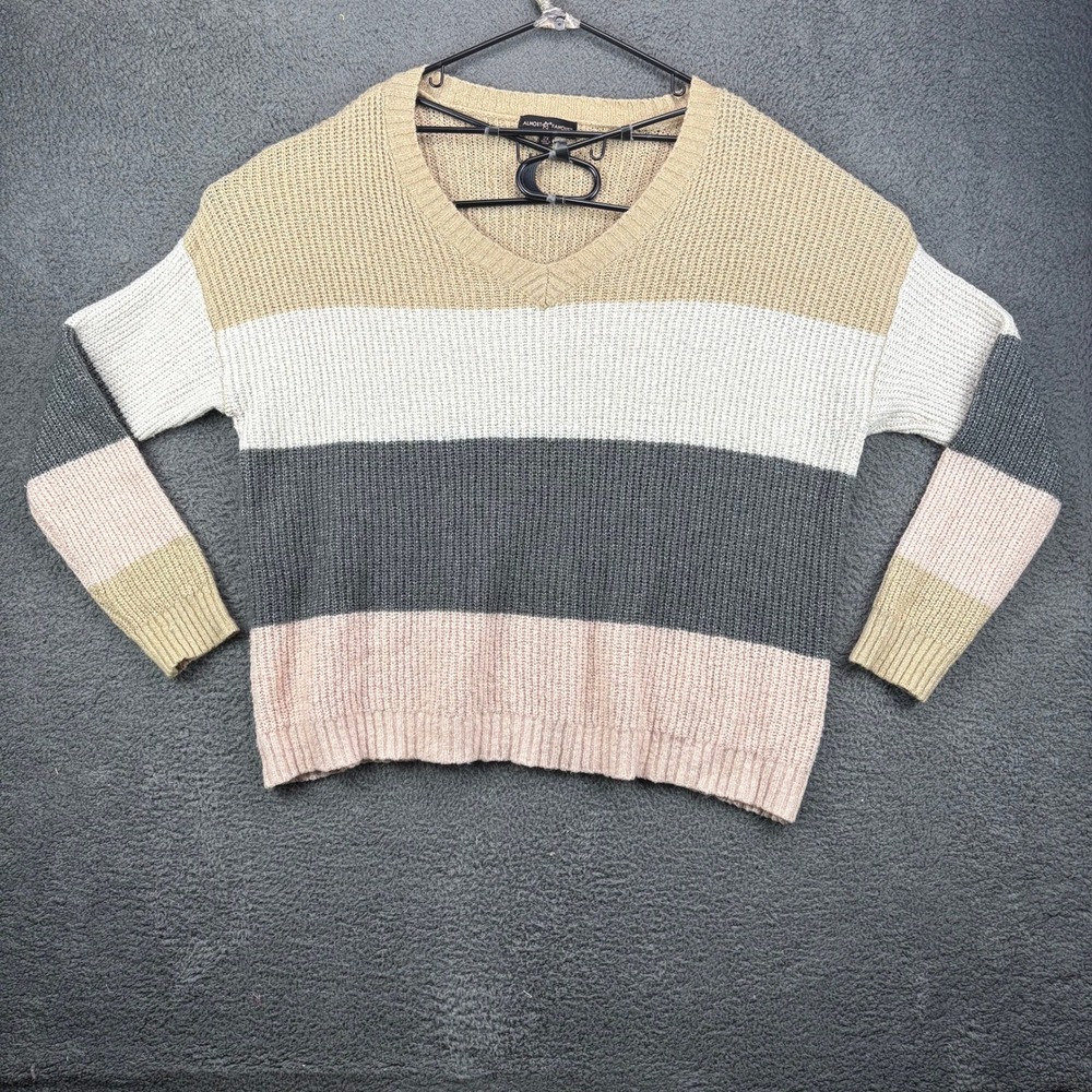Almost Famous Women's 2X Striped V‎ Neck Knit Sweater Beige White Grey Pink